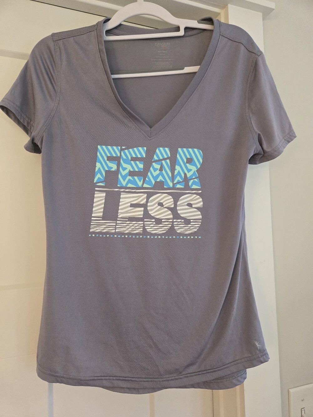 Danskin Fearless Graphic V-Neck Tee - Gray with Blue Accents